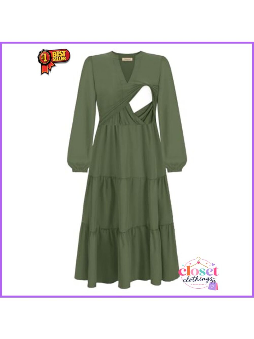 Nursing Midi Dress Long Sleeve V Neck Tiered with Pockets - Picture 2 of 6